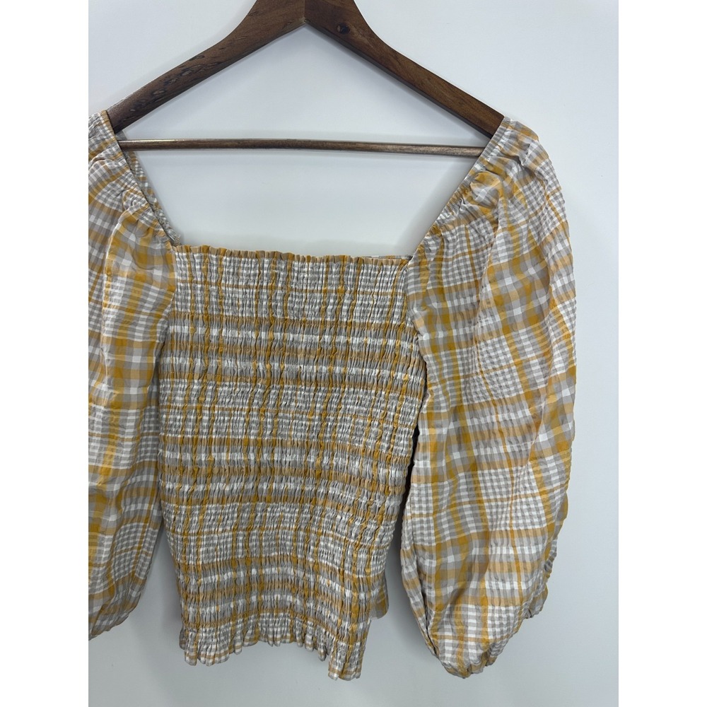 Maeve Anthropologie Gingham Plaid Smocked Puff Sleeve Ruffle Top XS Square Neck - Picture 4 of 13